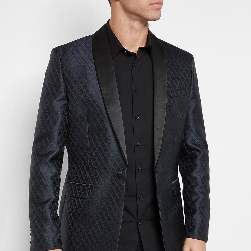 NEW EXPRESS $248 NAVY BLUE GEOMETRIC TUXEDO BLAZER JACKET SZ 42L Slim